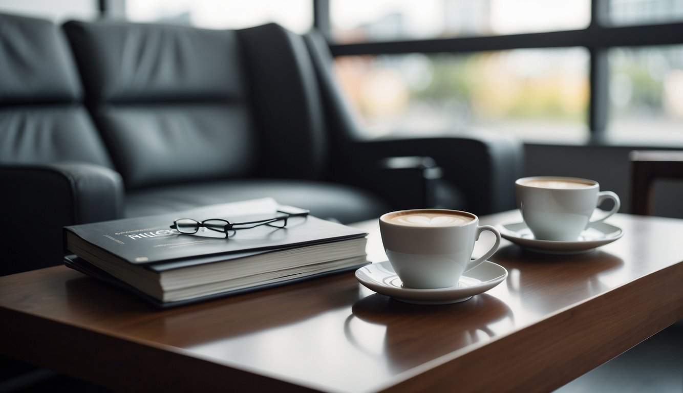 An office couch sits empty in a modern, well-lit workspace, inviting relaxation and collaboration. A stack of business magazines and a tablet rest on the coffee table in front of it