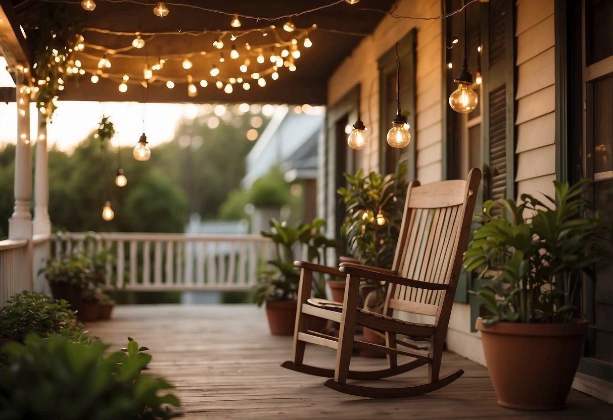 A cozy front porch with string lights hanging overhead, casting a warm glow on a wooden rocking chair and potted plants