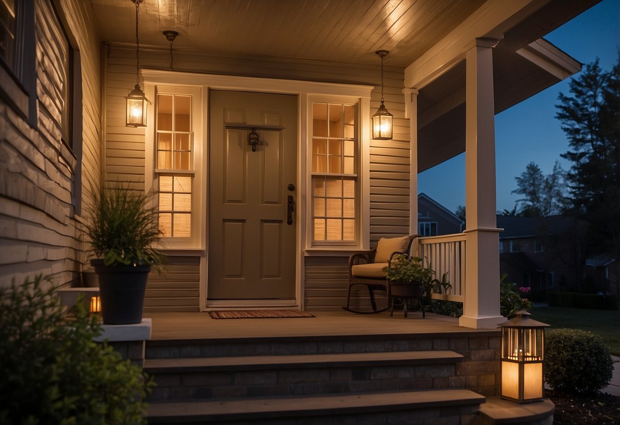 A front porch with carefully positioned lights creating a warm and inviting ambiance. Various lighting fixtures illuminate the space, highlighting architectural features and providing a welcoming glow