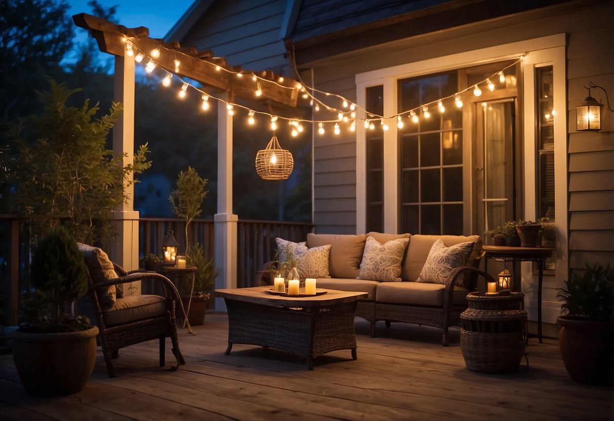 A front porch with warm, ambient lighting from hanging lanterns and string lights. A cozy seating area is illuminated, creating a welcoming atmosphere