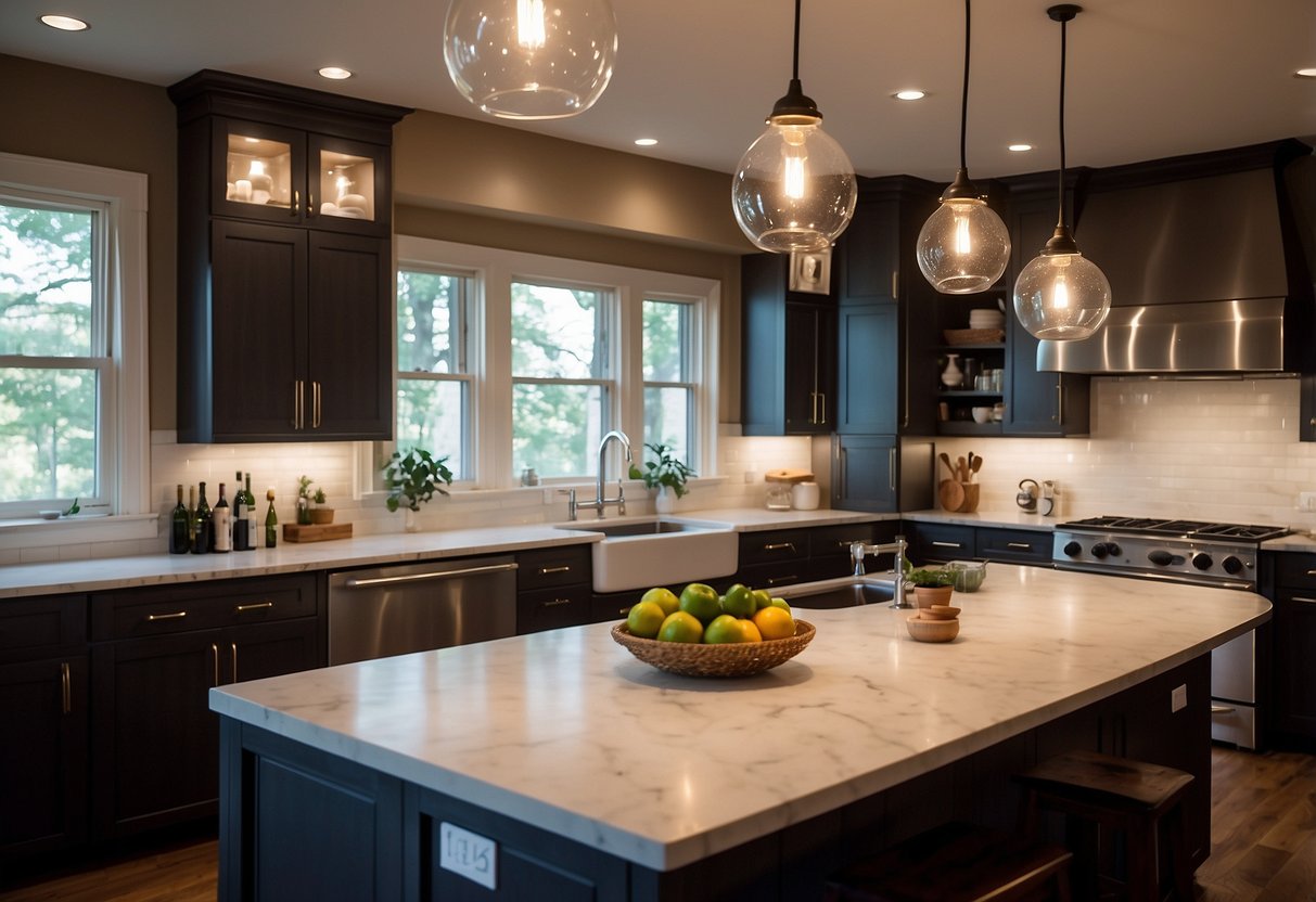 A brightly lit kitchen with various lighting fixtures, including pendant lights over the island, recessed lighting in the ceiling, and under cabinet lighting