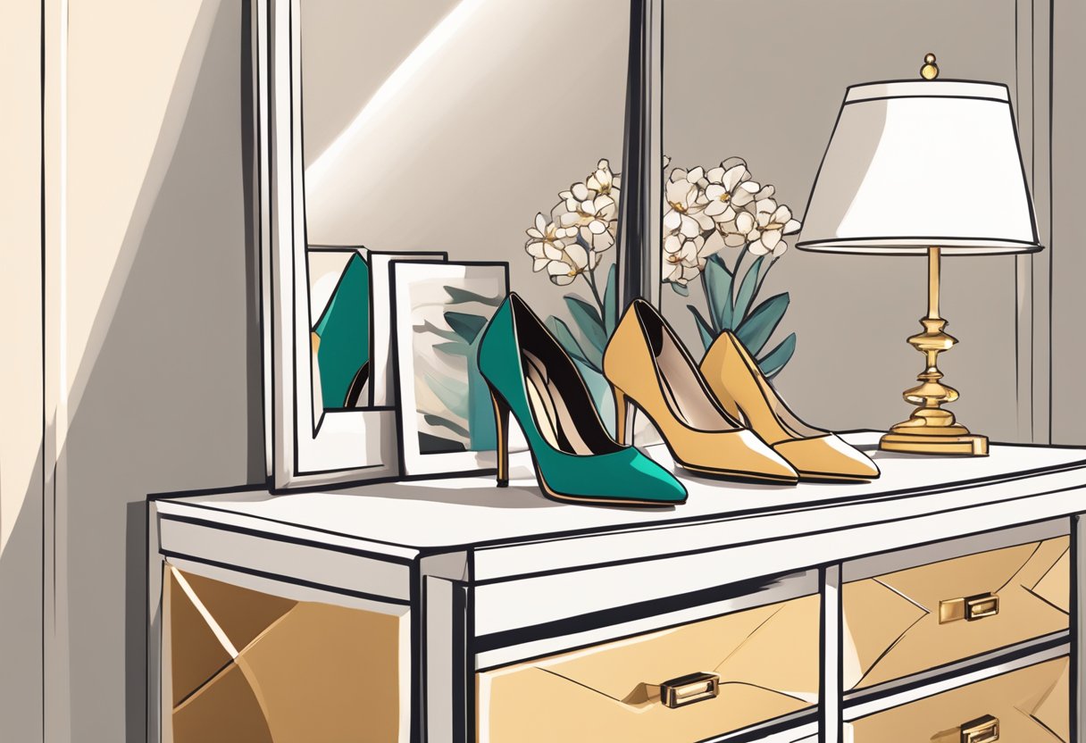 Shoes arranged on a sleek, modern dresser with a mirror, jewelry, and a clutch nearby. A soft, warm light illuminates the scene