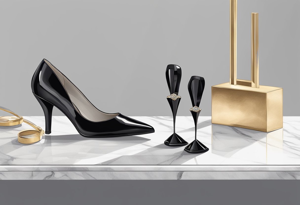 A pair of sleek black heels sits next to a matching clutch on a marble countertop. A statement necklace and earrings are laid out nearby, ready to complete the outfit