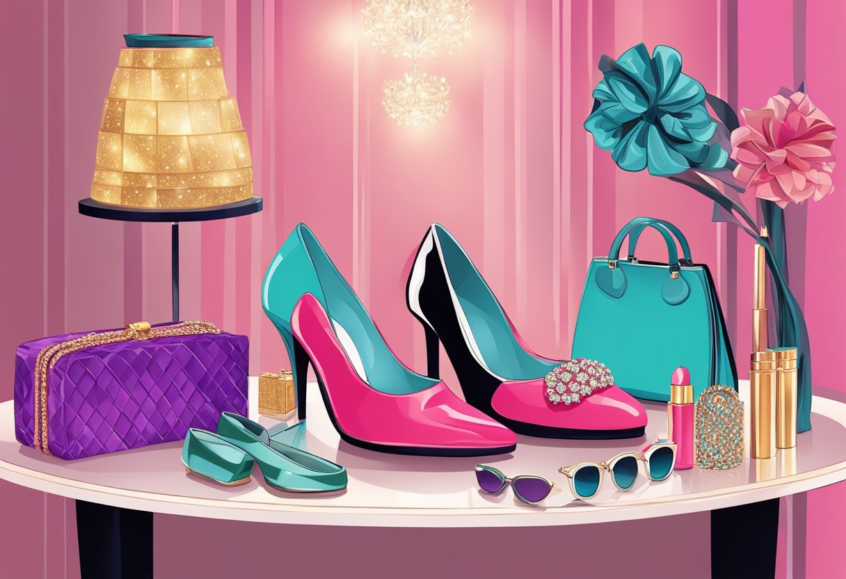 Shoes arranged on a table with various accessories such as jewelry, scarves, and handbags. Bright lights and a glamorous backdrop set the scene for a night out