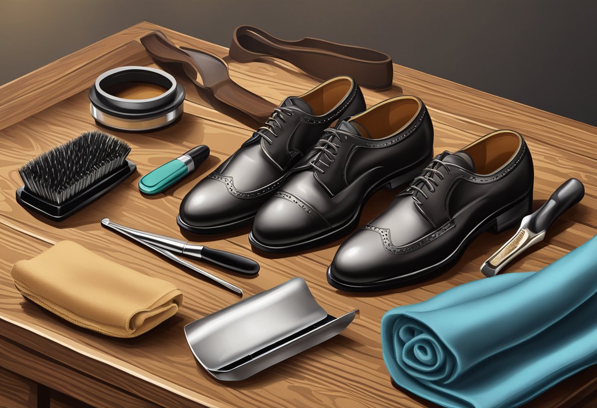 A shoe shining kit open on a wooden table with a pair of polished shoes, a brush, and a cloth