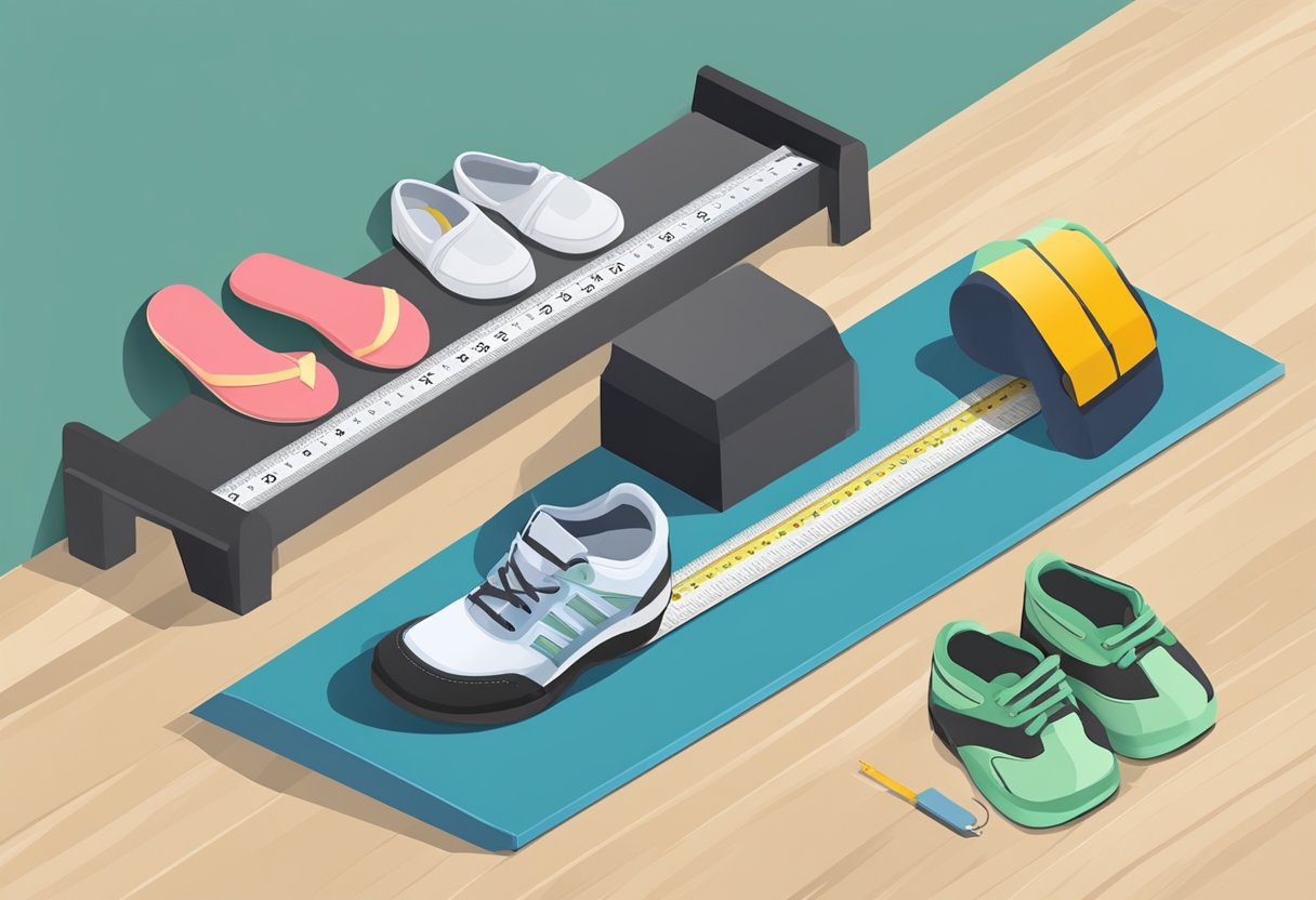 A foot measuring device is placed on a flat surface, with a ruler nearby. Different sizes of shoes are arranged neatly in the background