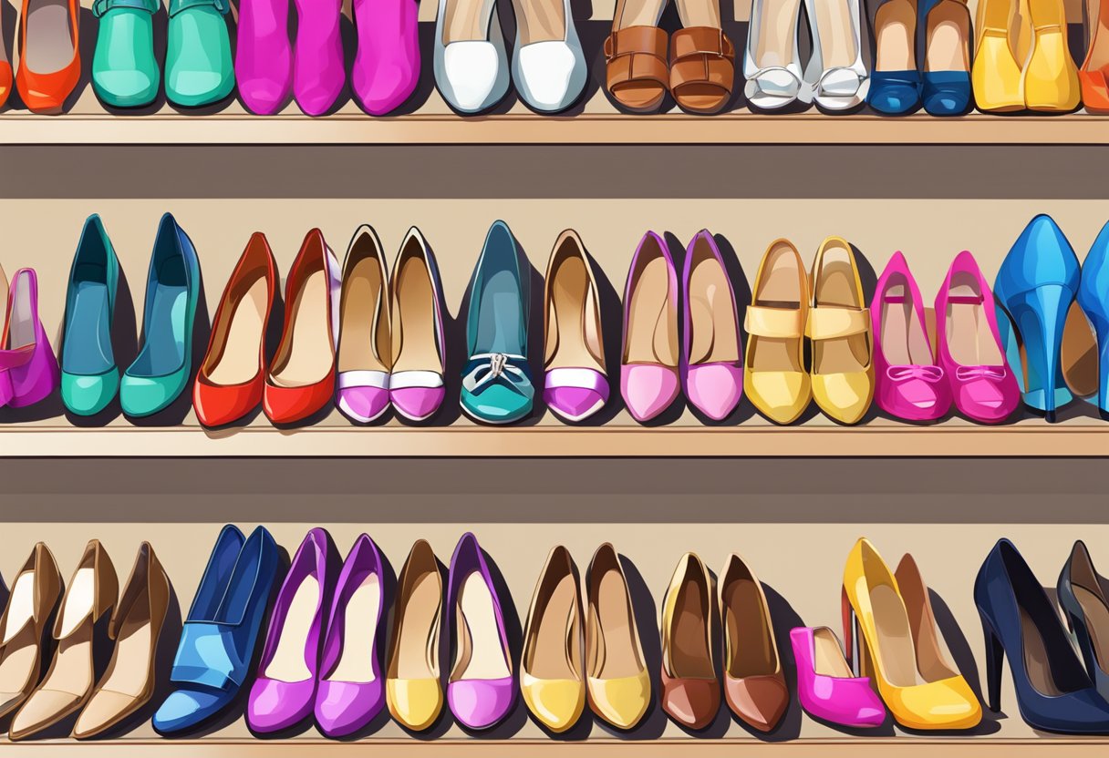 A colorful array of women's shoe styles displayed on shelves, including heels, flats, sneakers, boots, and sandals