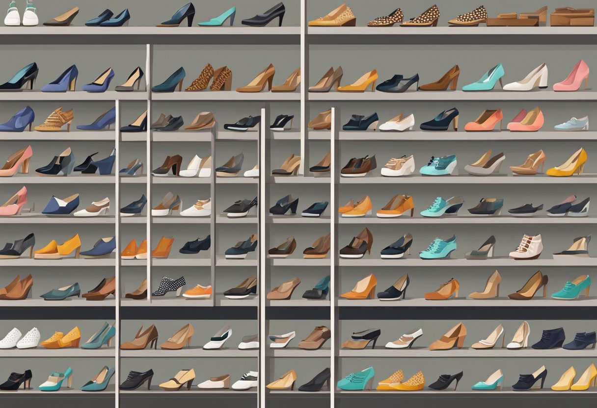 A variety of women's shoe styles arranged neatly on display shelves. From high heels to flats, the collection showcases different types of footwear