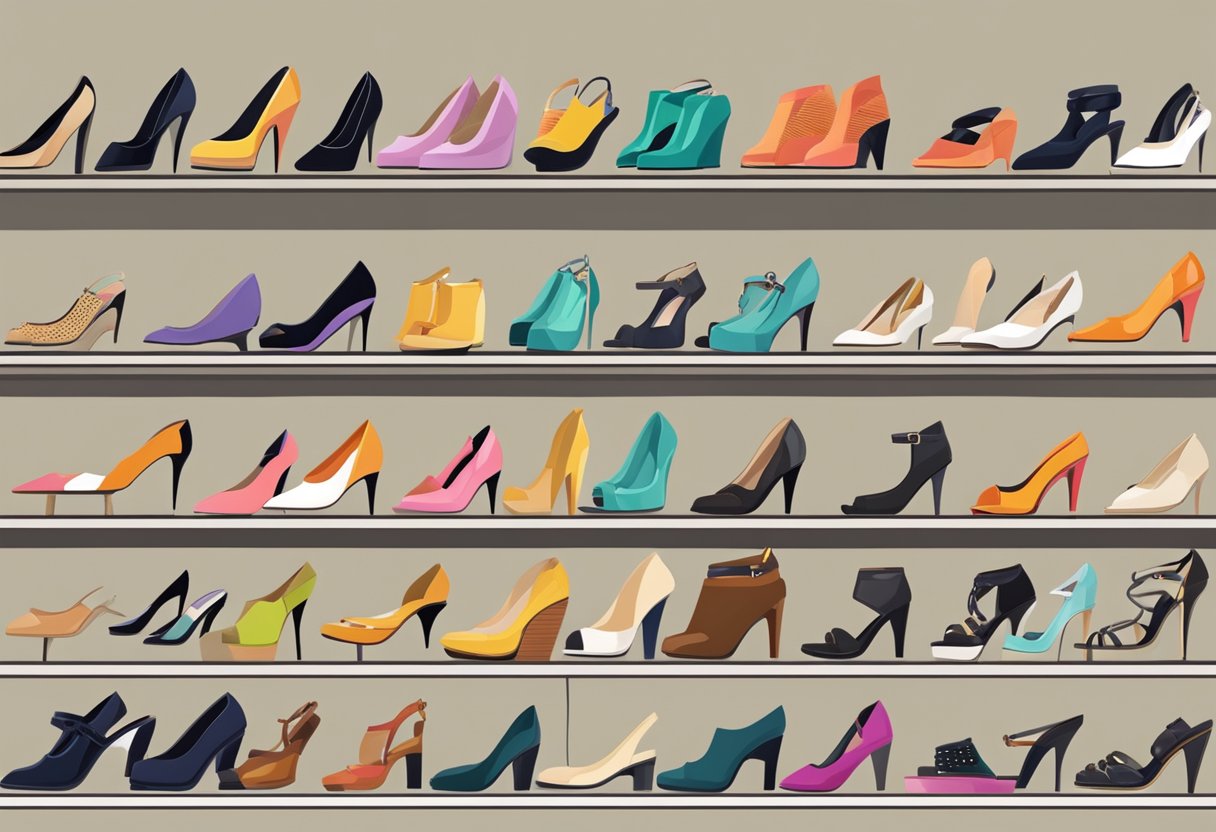 A colorful array of women's shoe styles arranged neatly on display shelves, including flats, heels, boots, and sandals