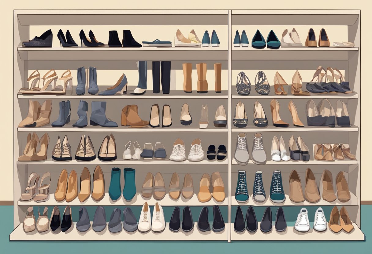 A collection of various women's shoe styles arranged neatly on a display shelf, including boots, heels, flats, sandals, and sneakers