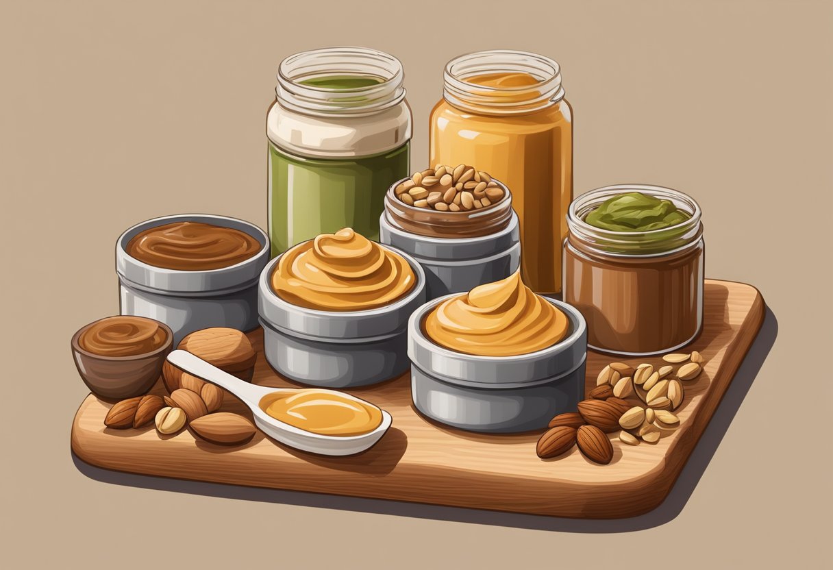 A variety of nut butters spread on a wooden cutting board, surrounded by nuts and seeds