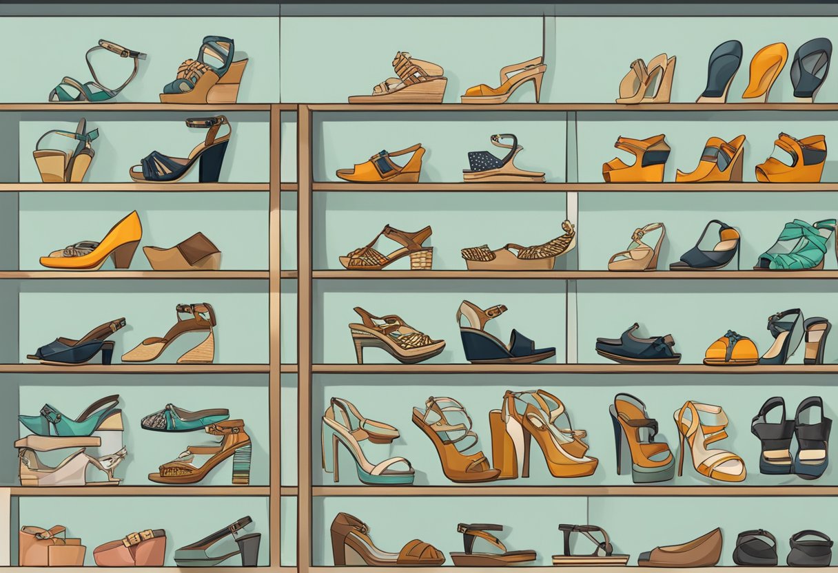 A collection of women's sandals in various styles and designs displayed on a shelf or table