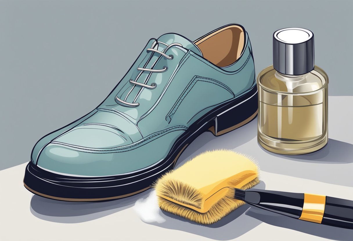 A pair of women's shoes being gently wiped with a soft cloth, next to a bottle of shoe cleaner and a small brush