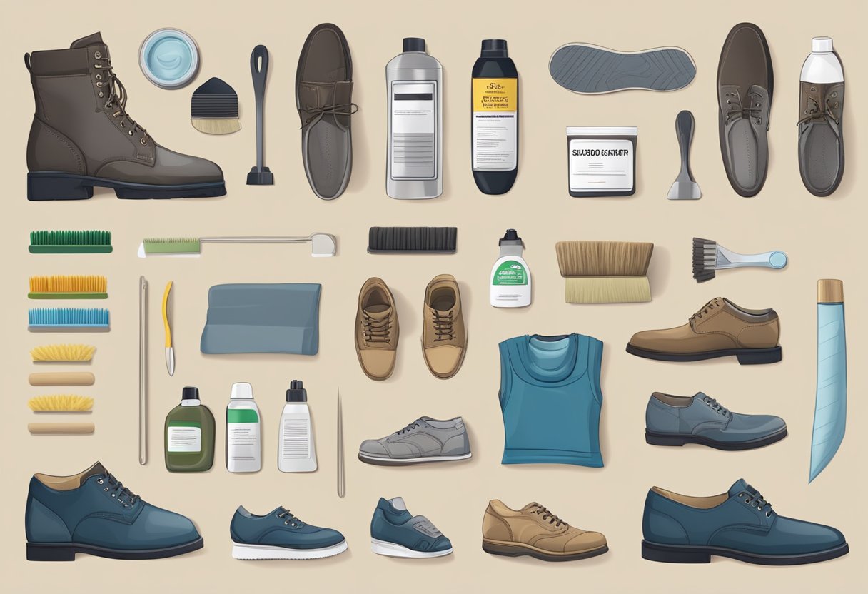 A variety of shoe materials laid out with cleaning products and tools. Labels and instructions visible