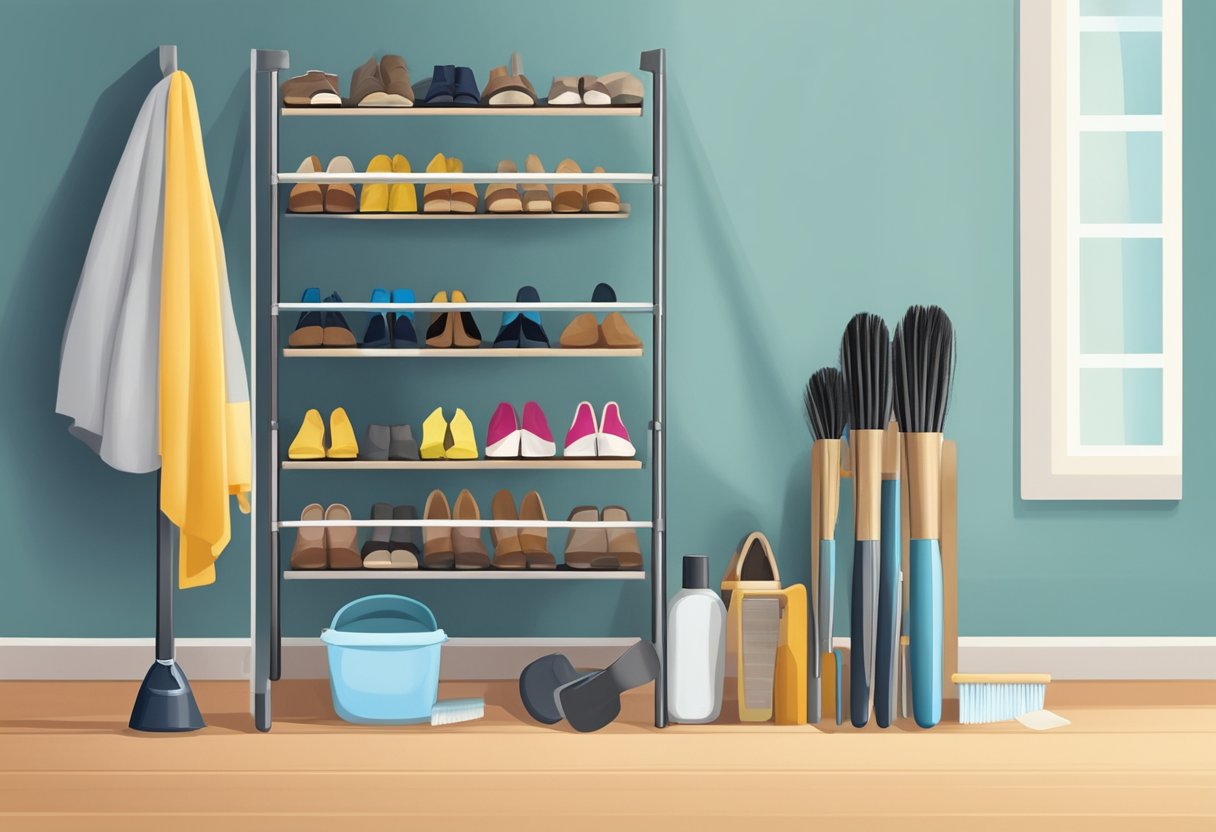 A shoe rack with neatly organized women's shoes, a cleaning brush, and a bottle of shoe cleaner. A soft cloth and a shoe horn are nearby