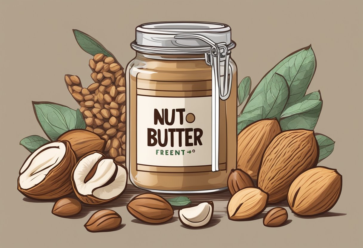 A jar of nut butter surrounded by various nuts and seeds, with a keto-friendly label and a measuring spoon showing the carb content