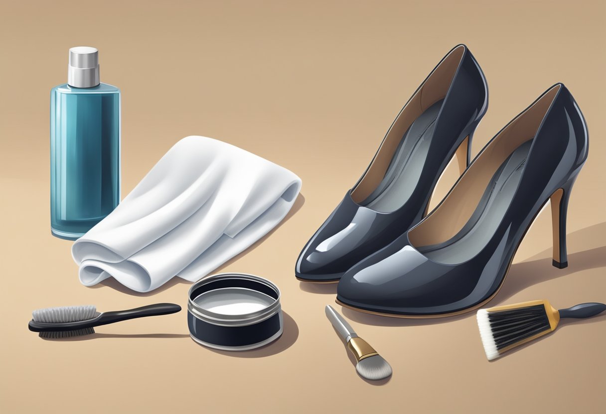 A woman's shoe being gently cleaned and polished with a soft cloth and shoe polish, with a shoe brush and other cleaning tools nearby