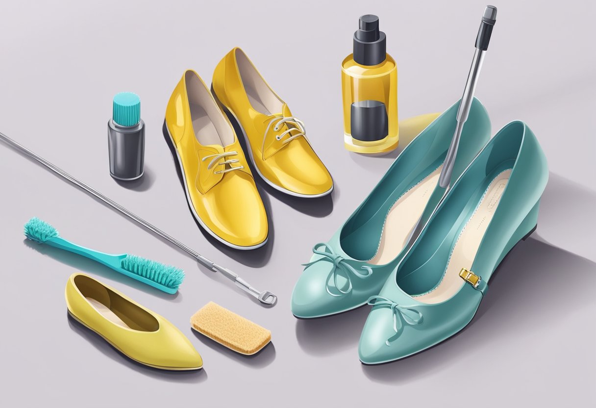 A pair of women's shoes placed on a clean, well-lit surface. A variety of cleaning and maintenance tools and products are neatly arranged nearby