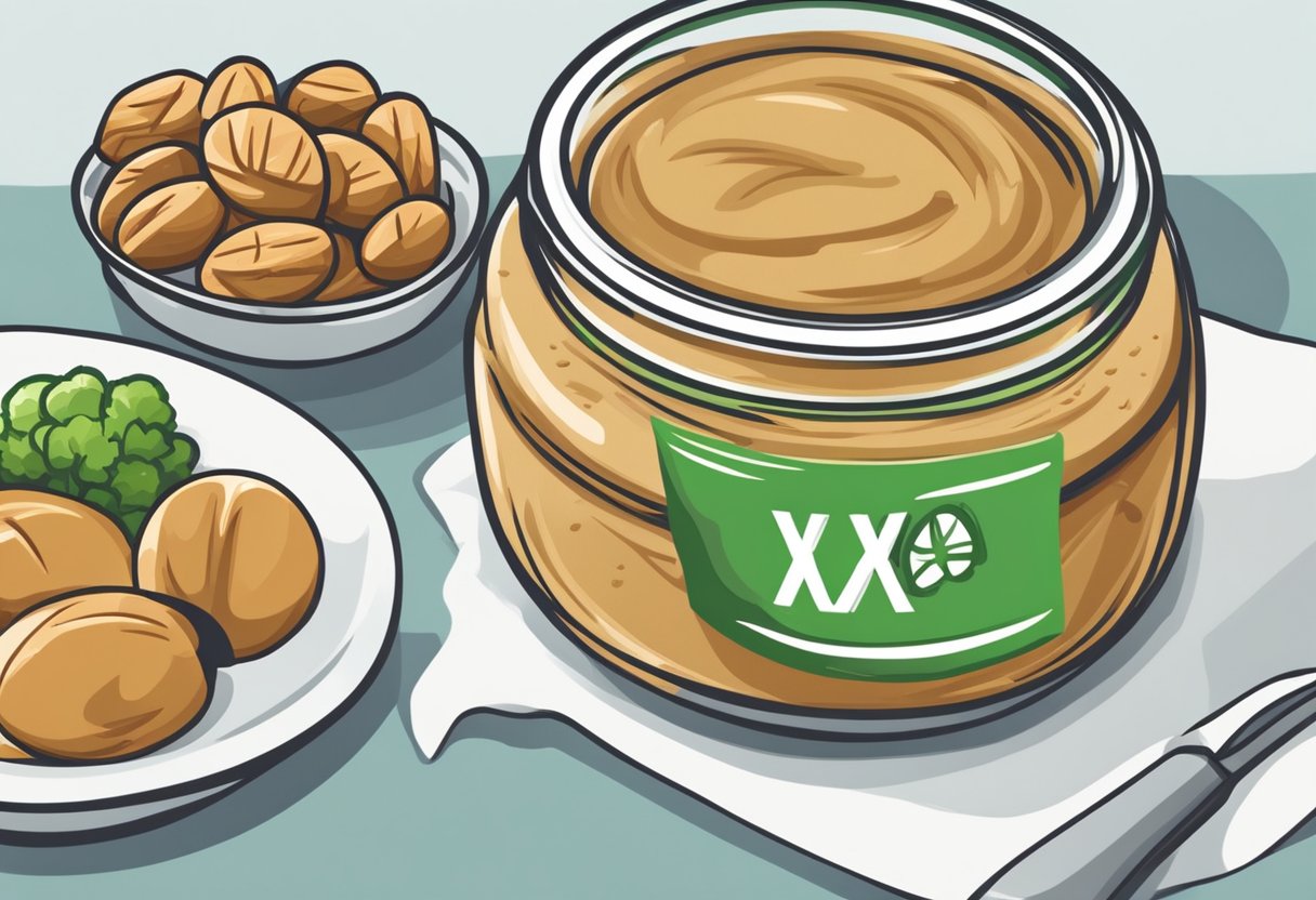 A jar of nut butter sits next to a pile of empty carb-heavy bread. A red "X" marks the bread, while a green checkmark sits next to a plate of keto-friendly vegetables