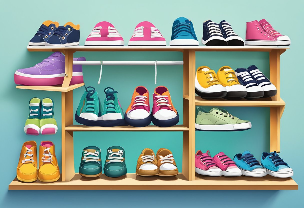 Children's shoes arranged on a shelf, with various sizes and styles displayed. A colorful and inviting backdrop with playful imagery and vibrant colors