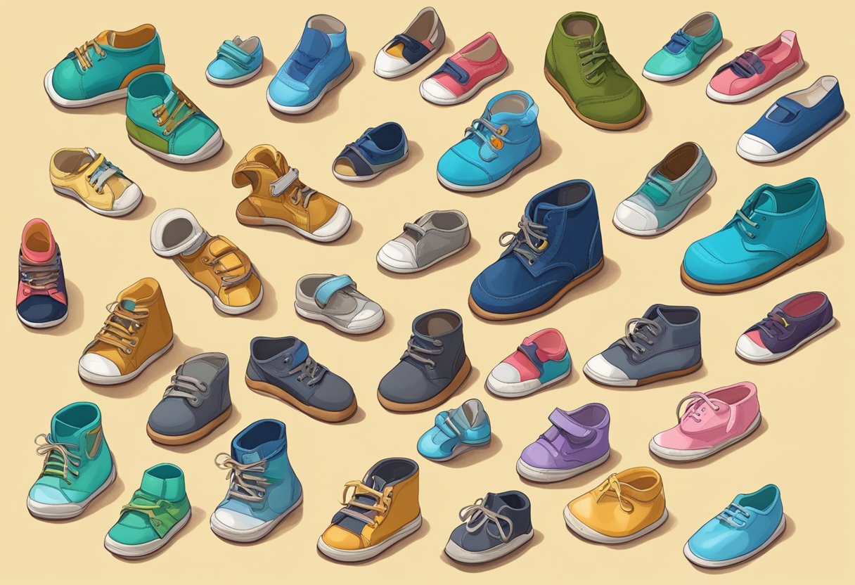 A child's foot with developing arches and flexible joints, surrounded by various types of shoes