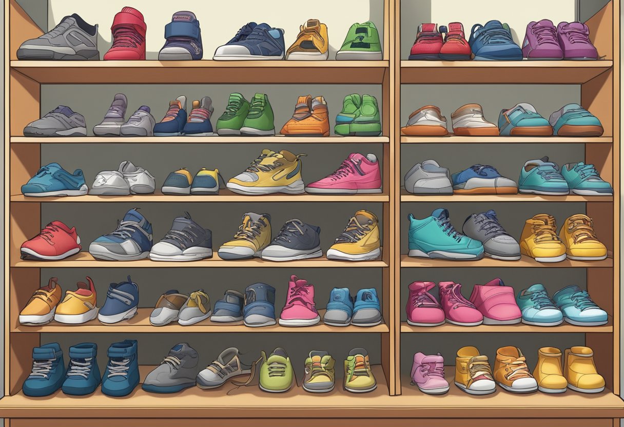 A variety of shoes displayed on shelves, labeled with criteria for kids' foot development. Sizes, materials, and support features are highlighted