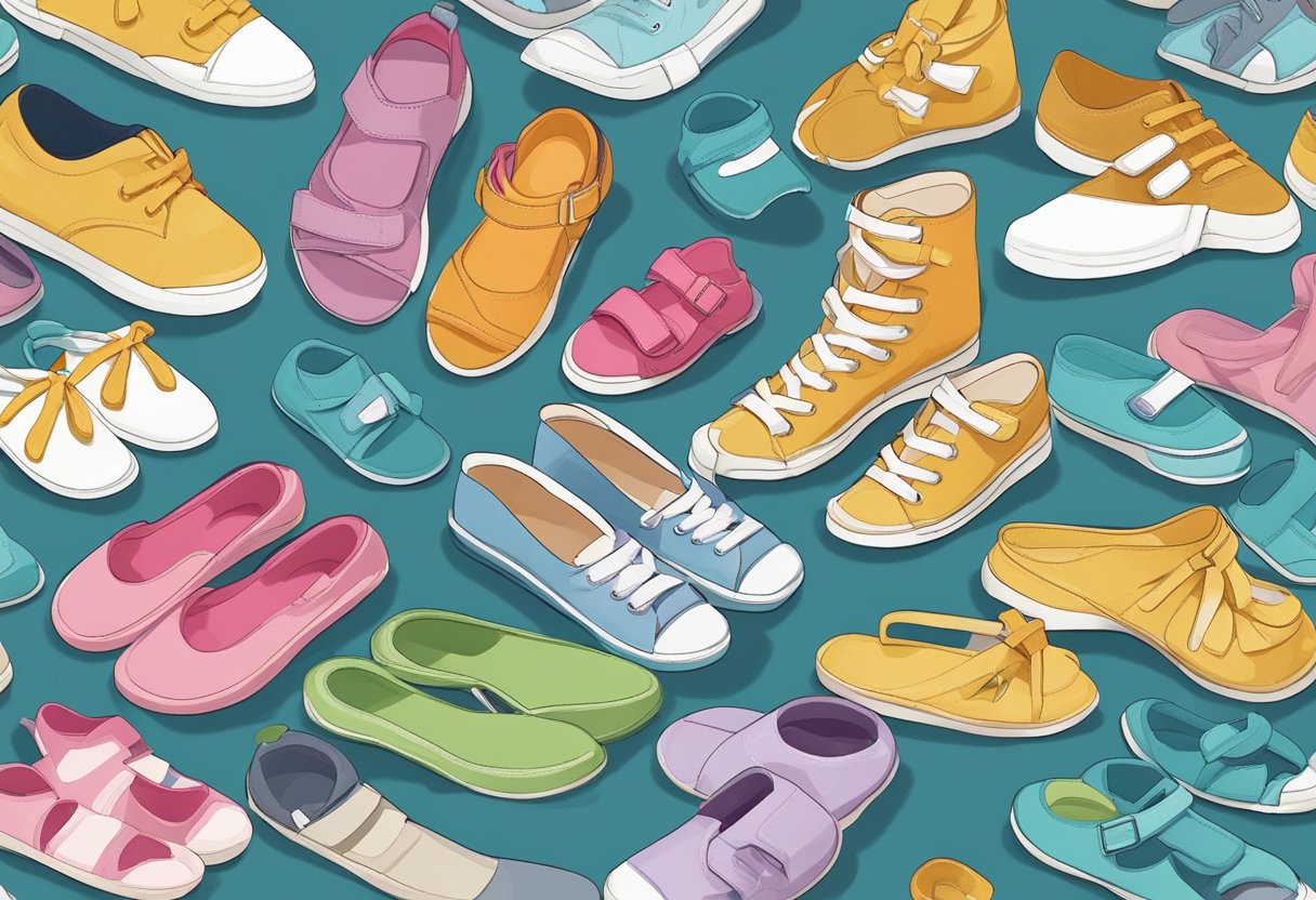 Children's shoes scattered around with incorrect footwear choices (e.g. high heels, flip flops) next to proper shoes for foot development (e.g. supportive sneakers, adjustable sandals)