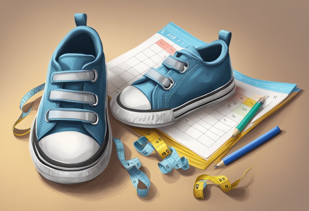 A child's worn-out shoes next to a measuring tape, with a calendar showing the start of a new school year