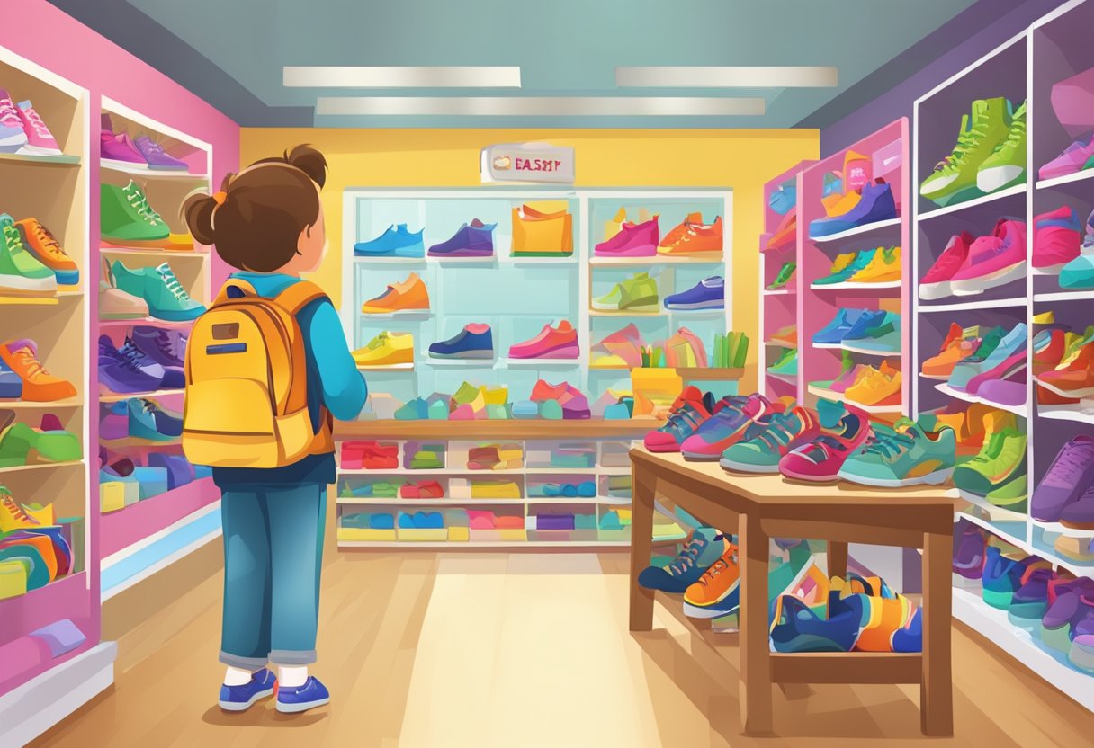 A child's shoe store with colorful displays, a busy salesperson, and a sign promoting "Back to School" discounts