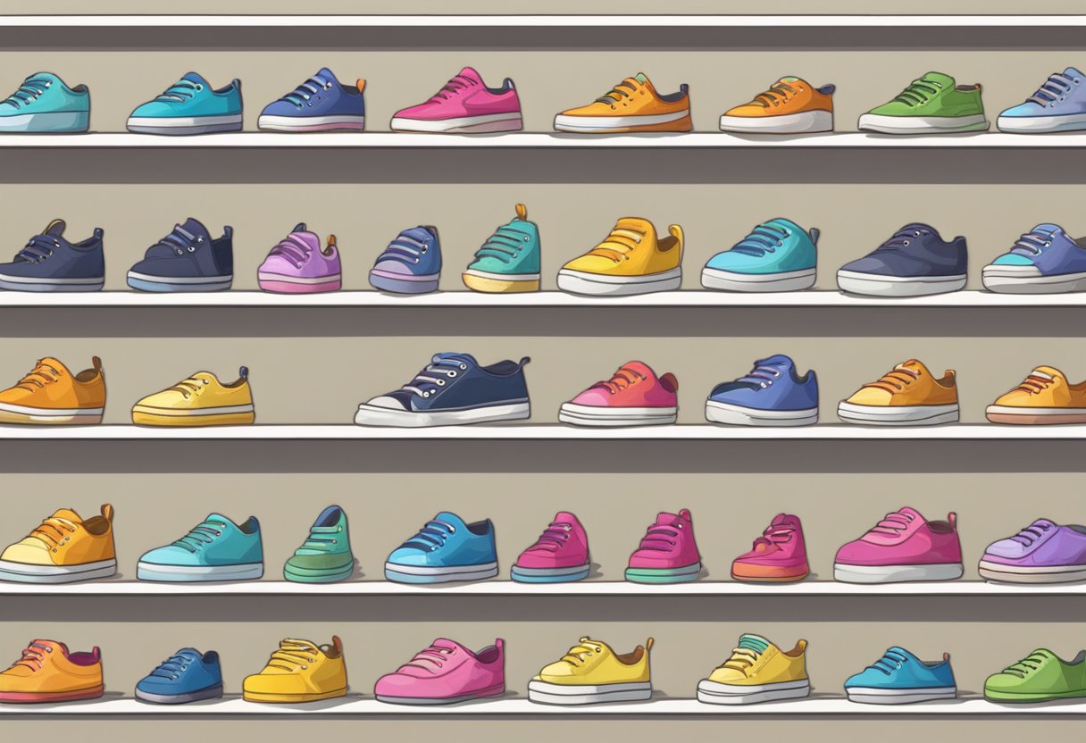 A row of colorful kids' shoes in various sizes displayed on a shelf, with a measuring tape and a size chart nearby