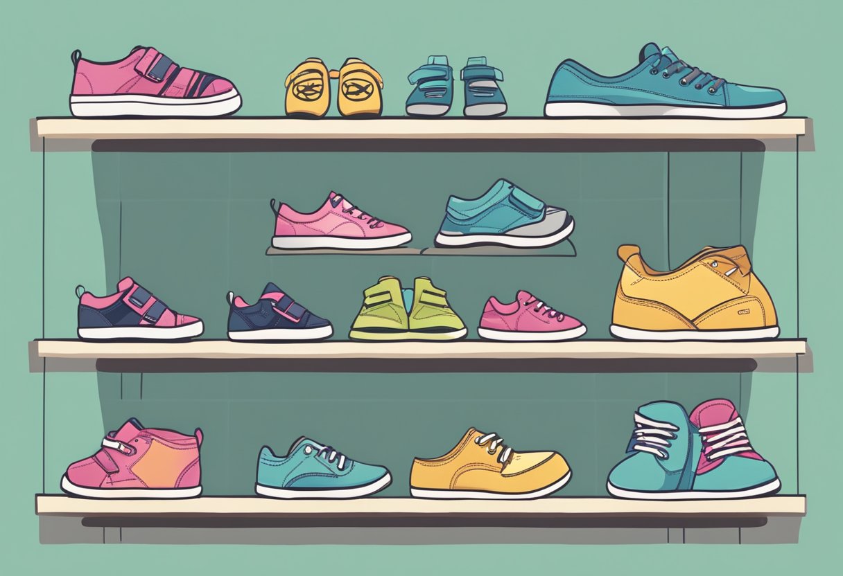 A variety of kids' shoes in different sizes arranged neatly on a display shelf, with a measuring chart and a sizing guide visible nearby