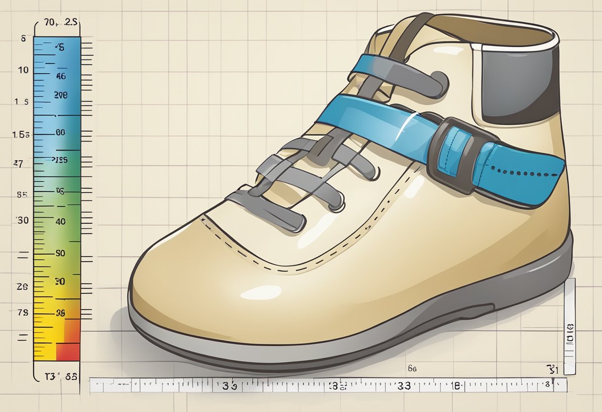 A child's foot measuring against a shoe size chart, with various sizes and measurements displayed