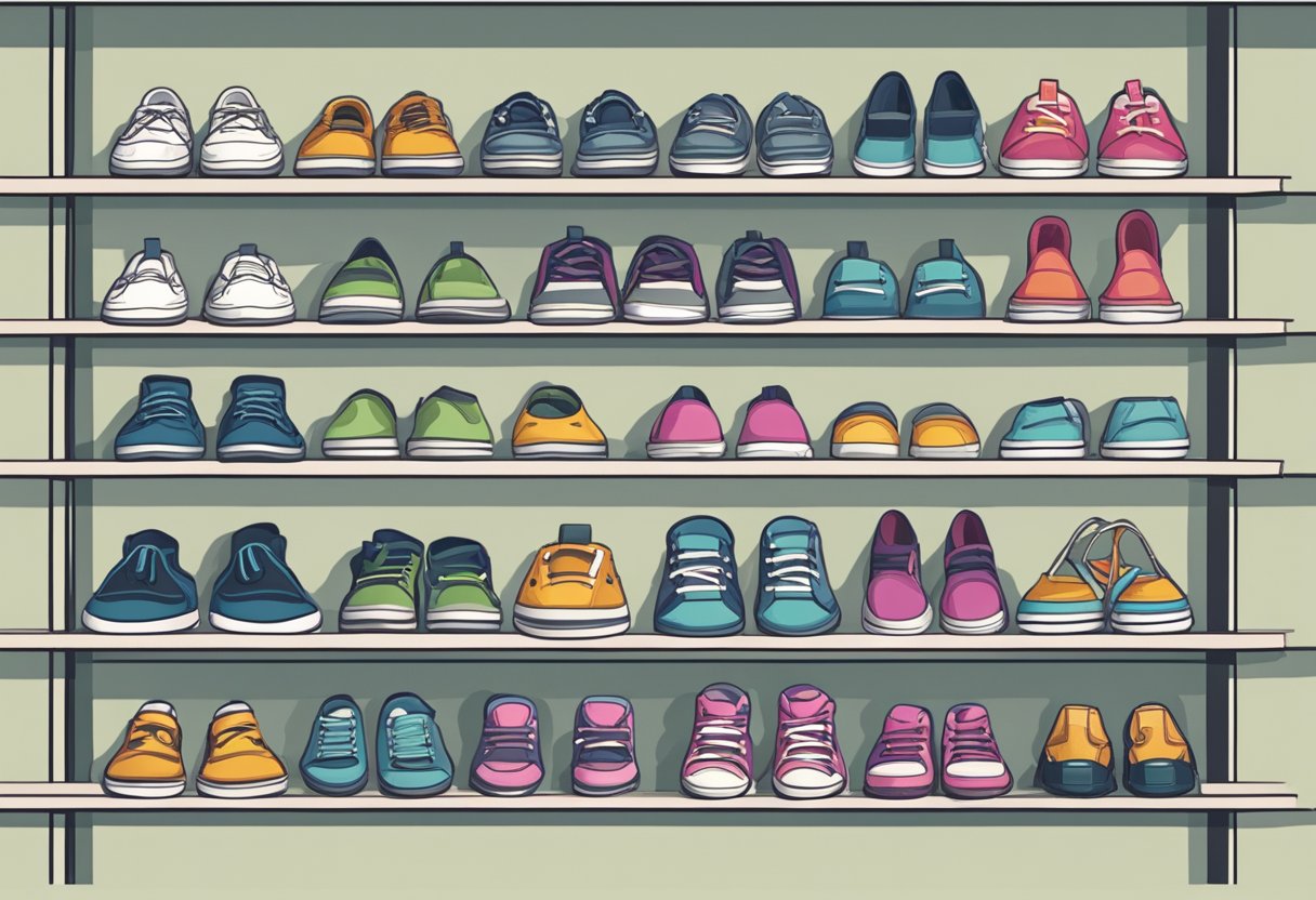 A variety of kids' shoes in different sizes and styles neatly arranged on shelves, with a measuring tool nearby for accurate sizing