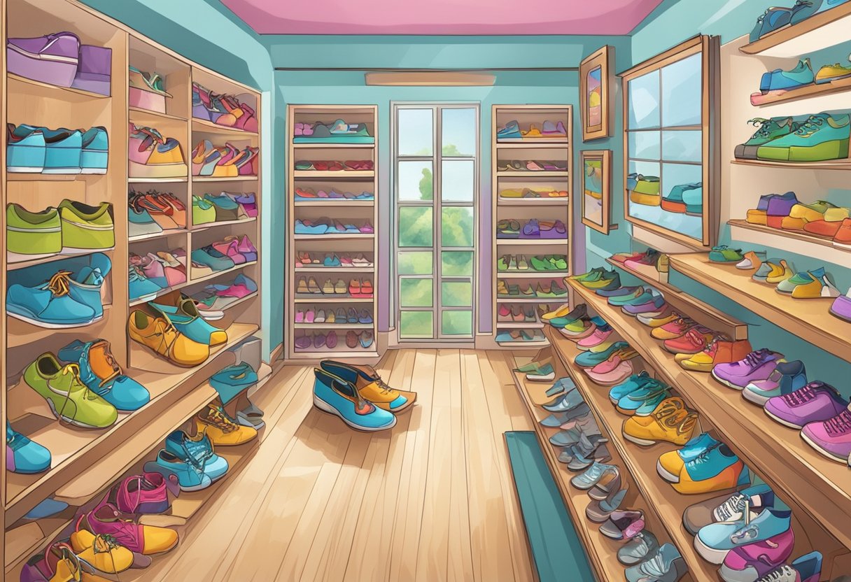 A child's shoe store with colorful displays, measuring tools, and a variety of shoe styles