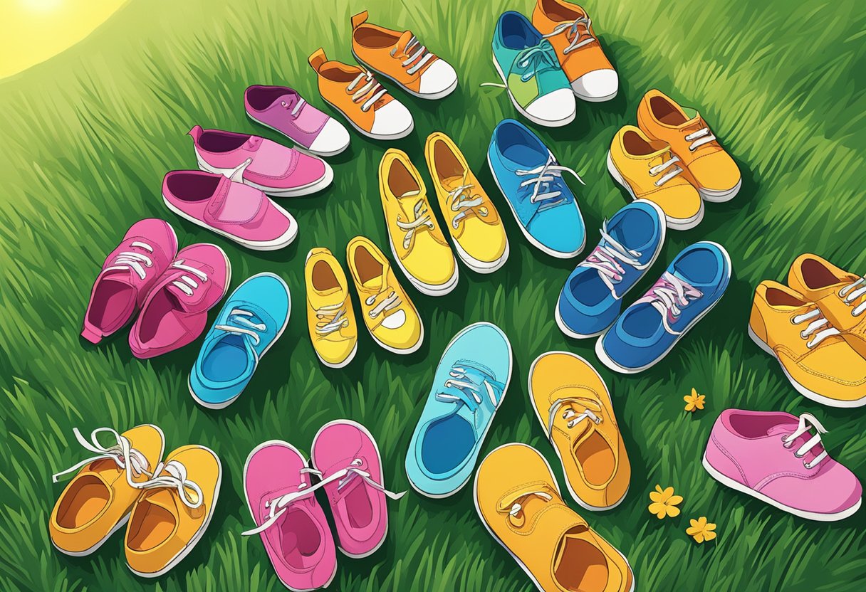 A colorful array of kids' shoes scattered on a soft, grassy field with a bright sun shining in the background