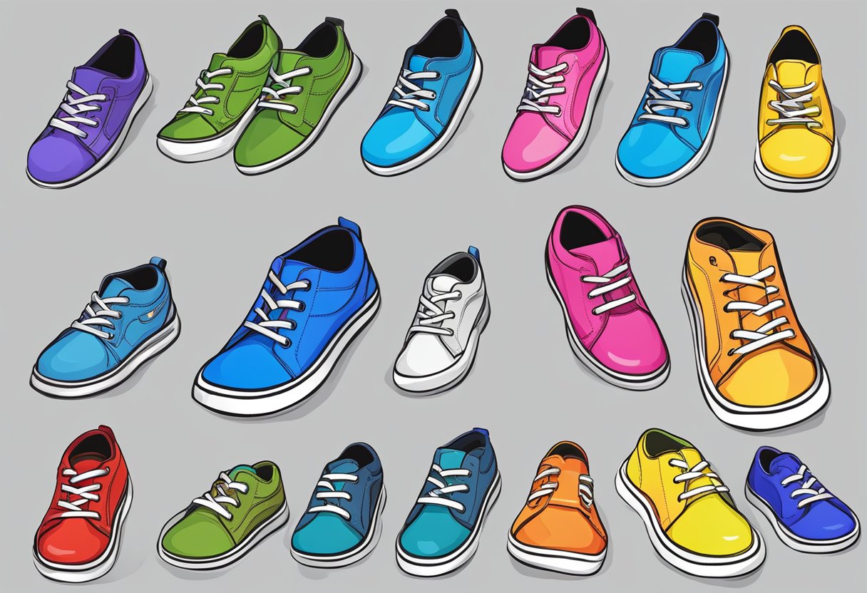 A colorful display of kids' shoes with cushioned insoles and flexible soles, featuring adjustable straps and breathable materials