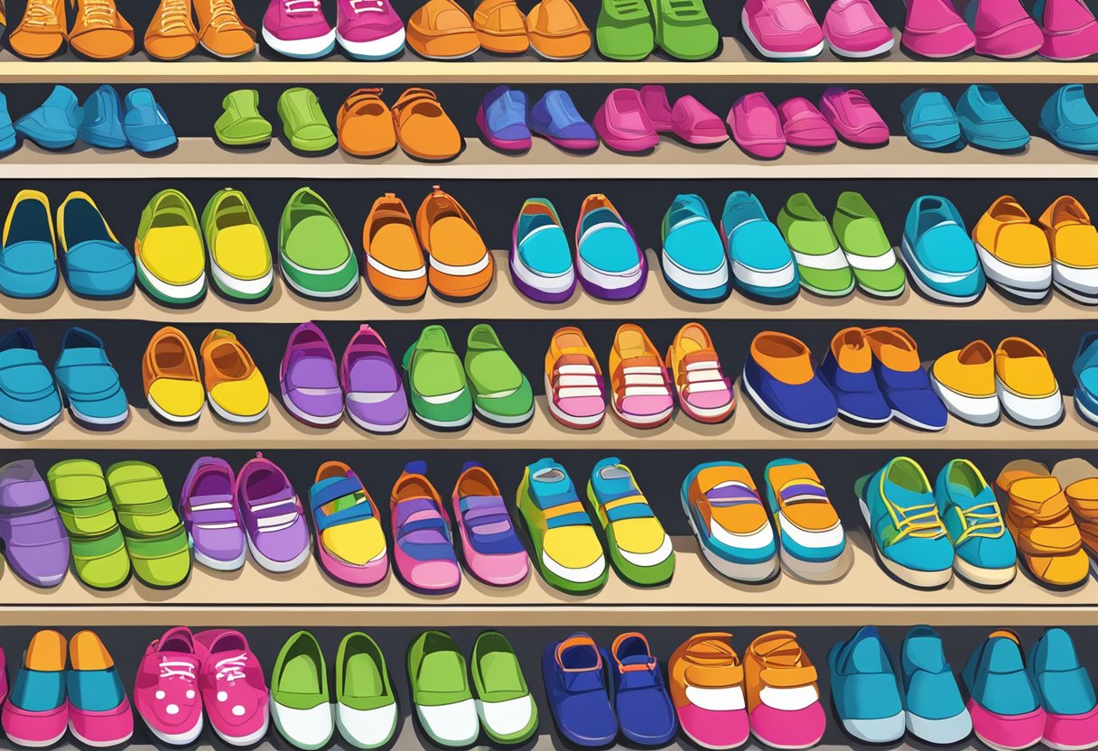 Brightly colored kids' shoes lined up on display shelves with cushioned insoles and flexible soles for comfort