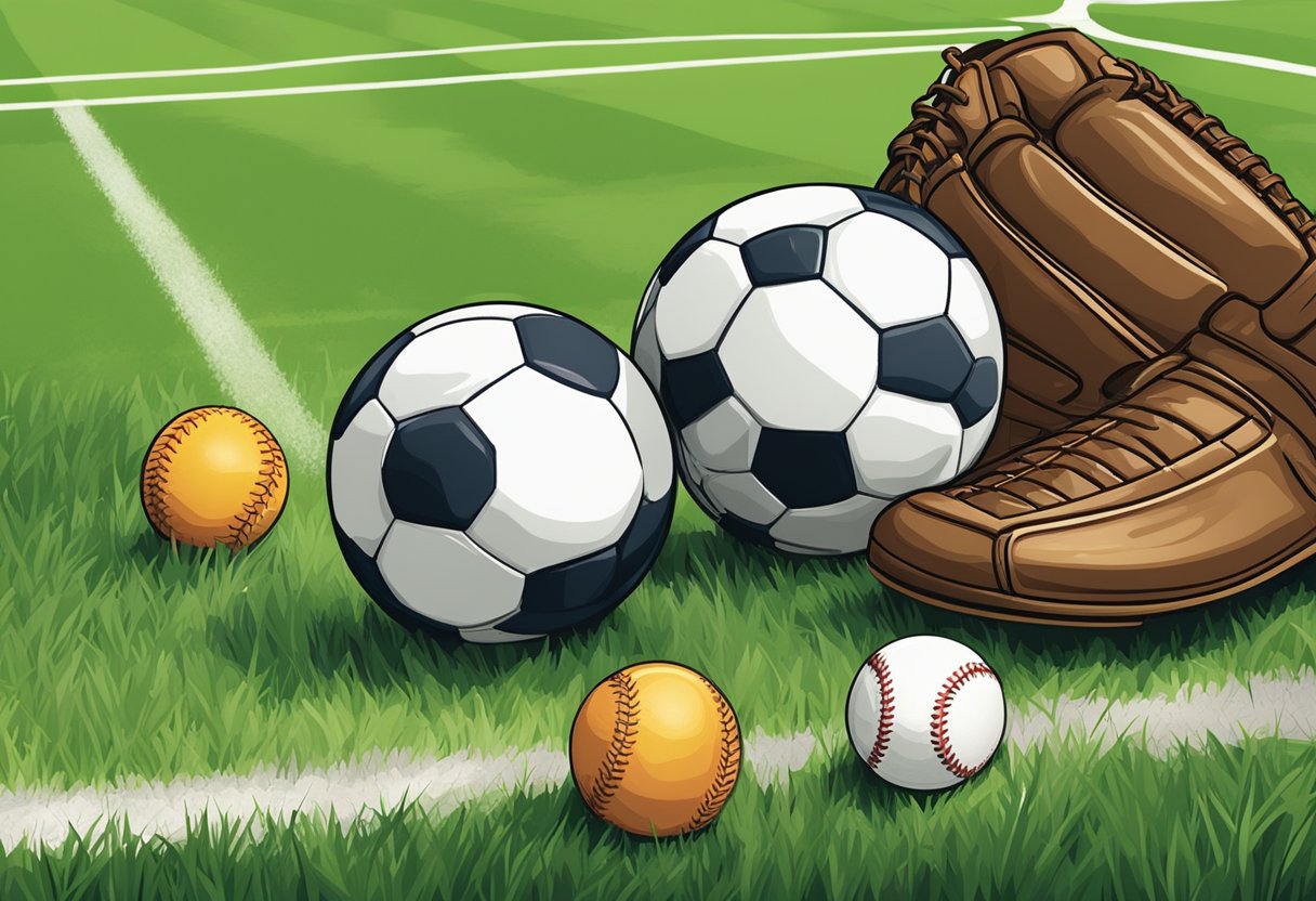 Kids' sports field with various surfaces: grass, turf, and dirt. A pair of cleats sits on the ground, next to a soccer ball and baseball glove