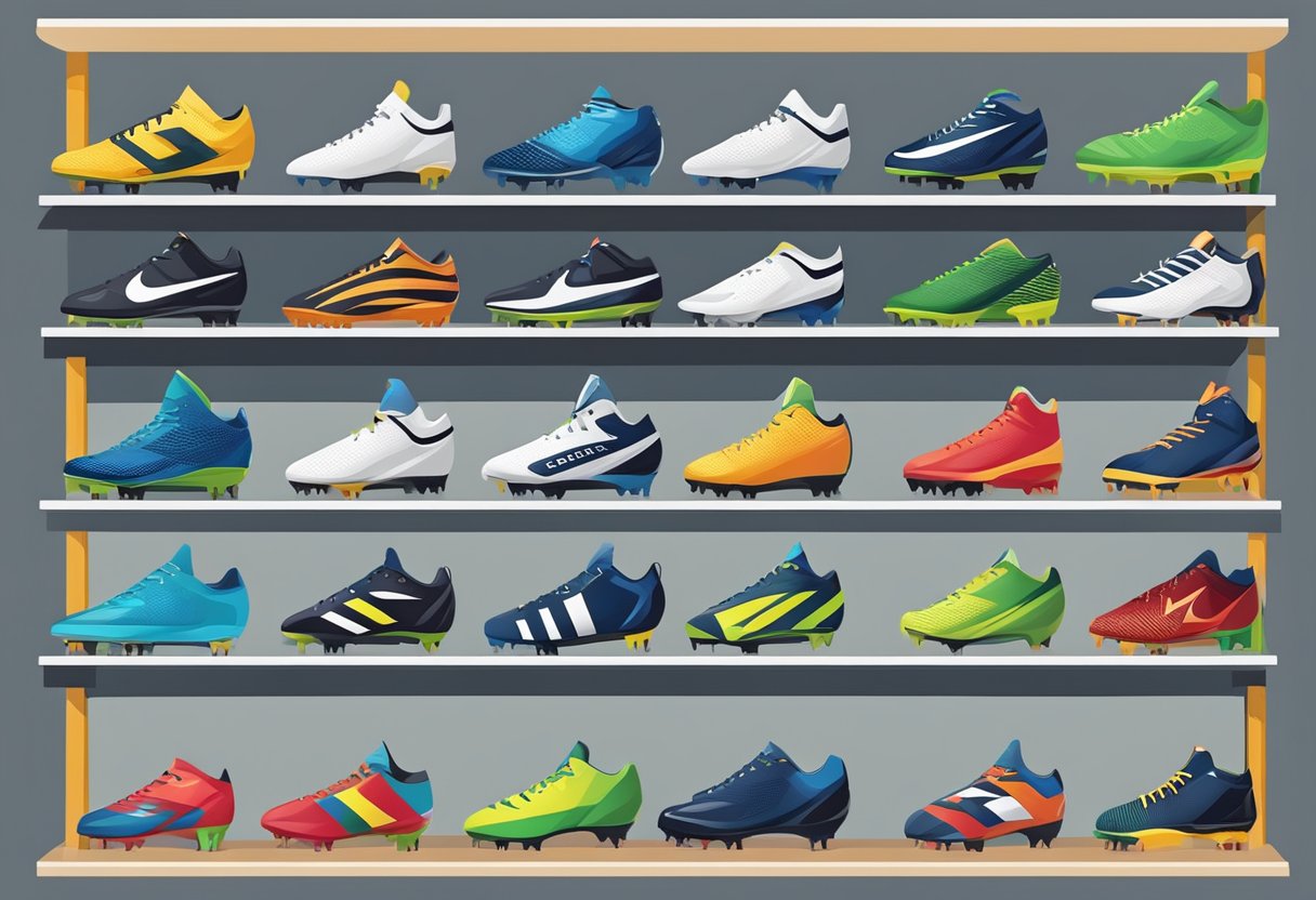 A lineup of different cleats on a shelf, with labels indicating different sports and playing surfaces