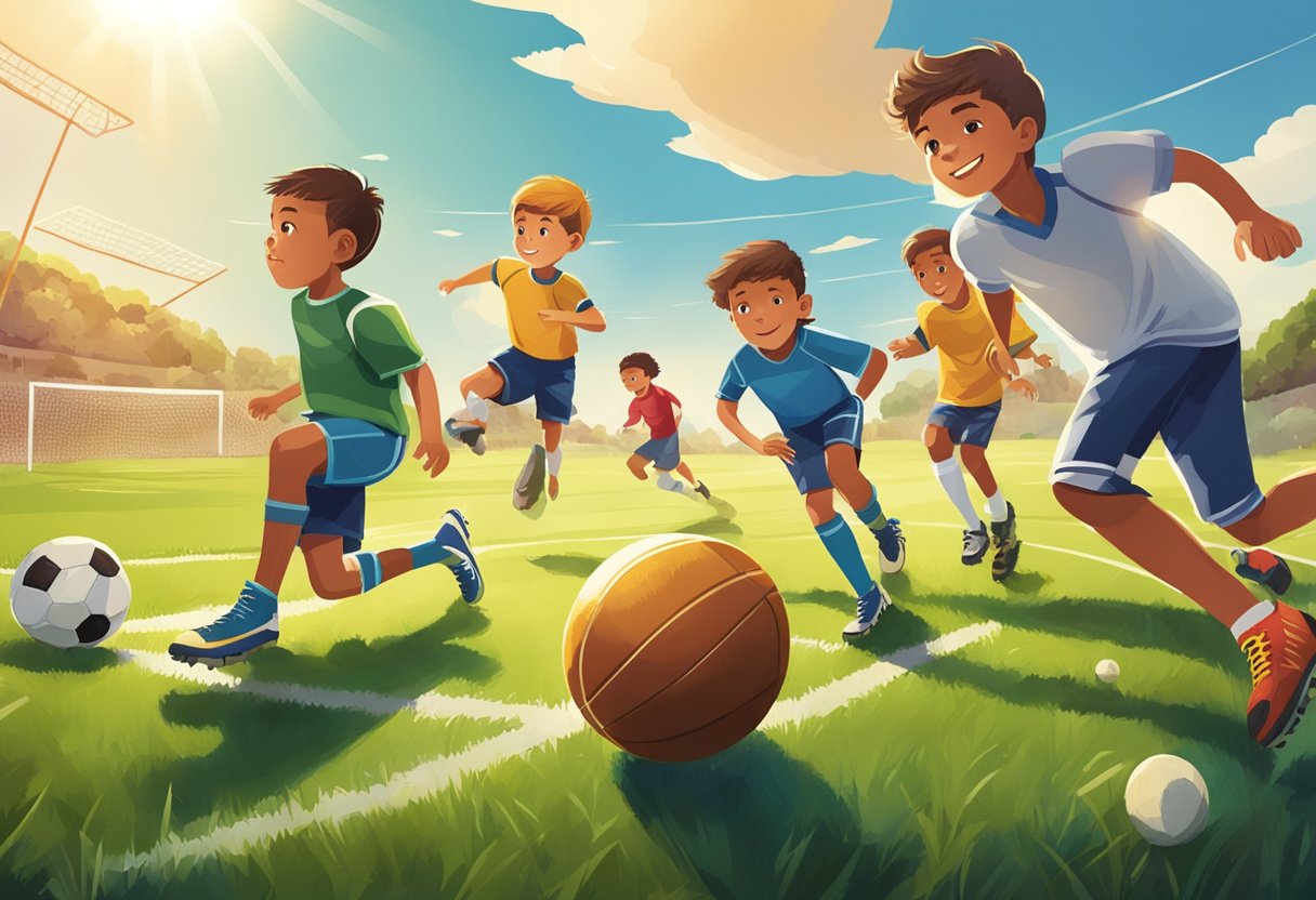 A group of kids playing various sports on a grassy field, some wearing cleats while others are in regular shoes. The sun is shining, and there are goal posts and equipment scattered around