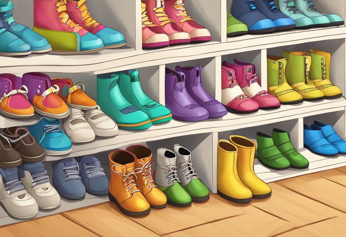 A child's shoe rack with various sizes of shoes neatly organized, surrounded by colorful and playful footprints on the floor