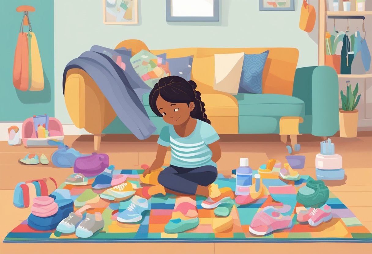 A child sits on a colorful rug, surrounded by various foot care items such as socks, shoes, and a foot scrubber. A parent or caregiver is demonstrating how to properly care for their feet, while the child watches attentively