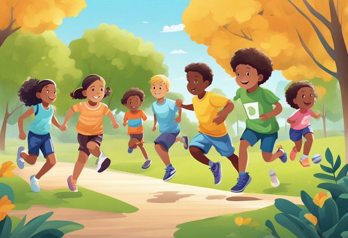 Children playing in a park, running, jumping, and playing sports. Illustrate diverse footwear and healthy foot habits