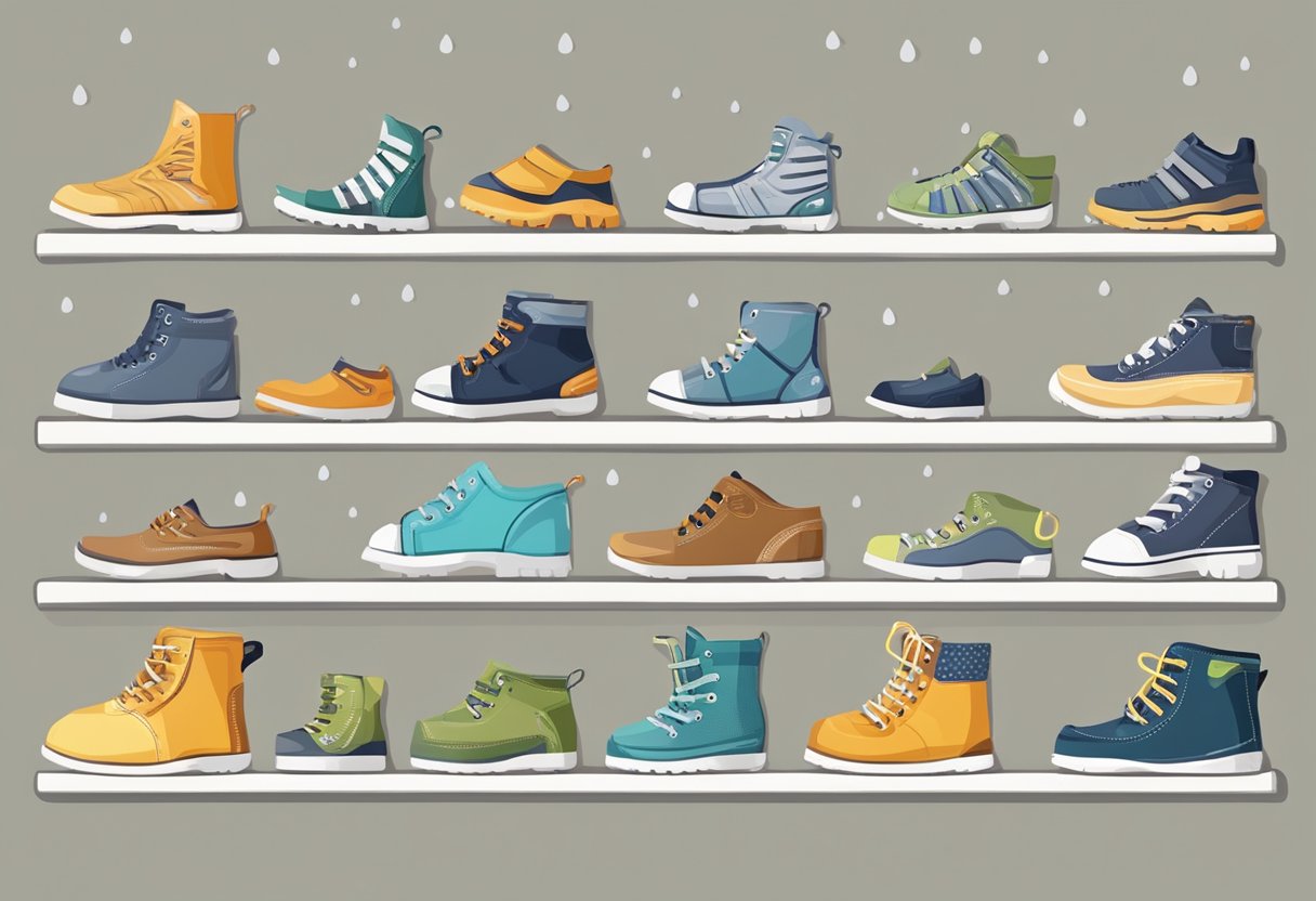 Children's shoes arranged in a row, including sneakers, sandals, and rain boots. Each pair is labeled with a different activity, such as running, hiking, or playing in the rain