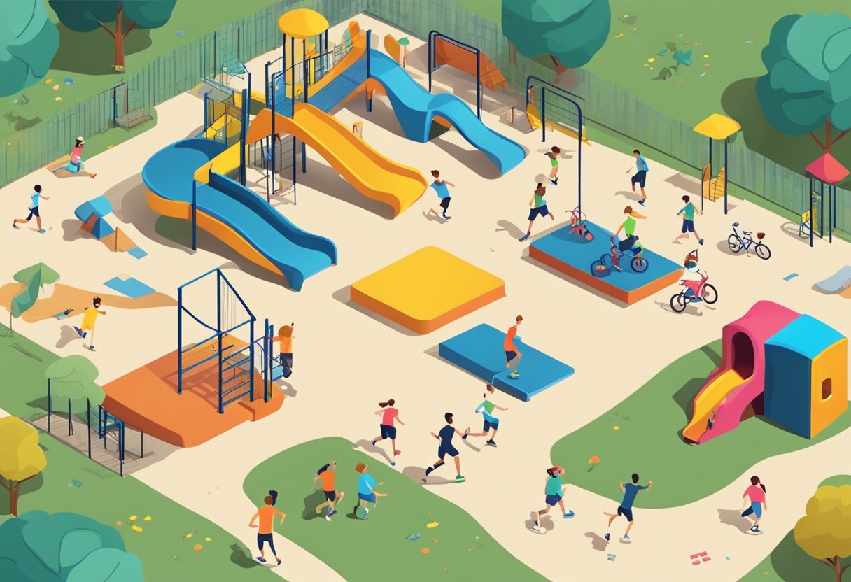 A playground with various activities, including running, jumping, and climbing. Different shoes for each activity are scattered around, emphasizing the need for specialized footwear