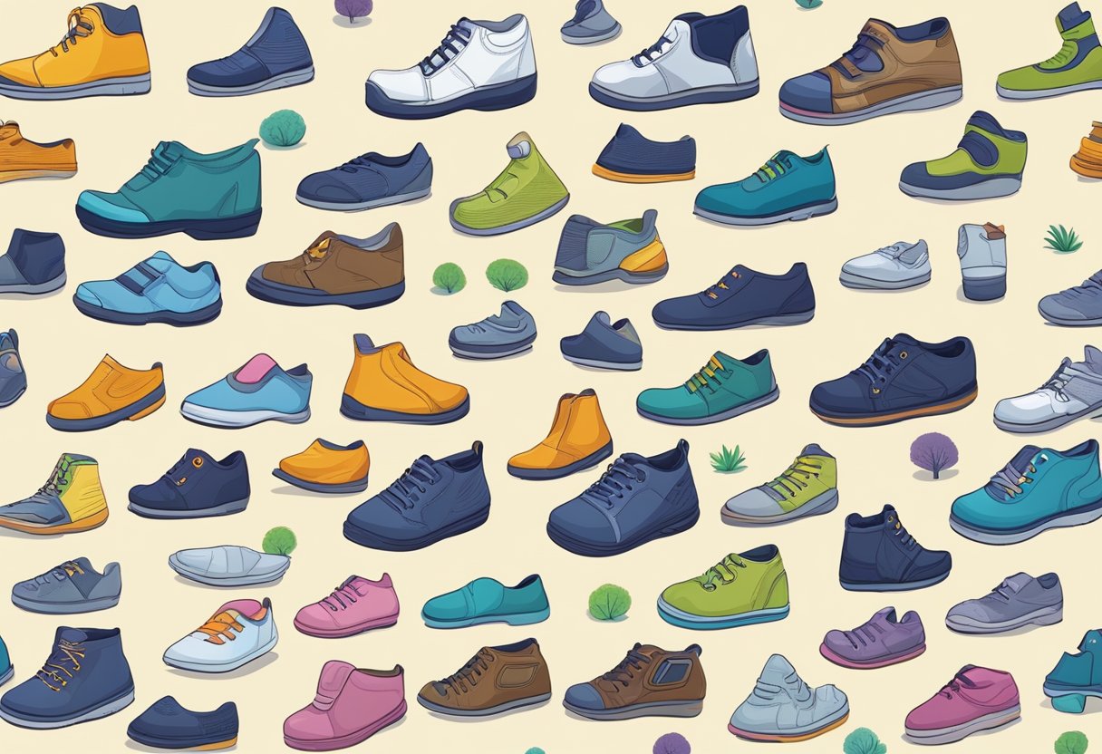 Children's orthotic shoes arranged in a row, with a variety of designs and colors. A child's foot stepping confidently into a supportive orthotic shoe