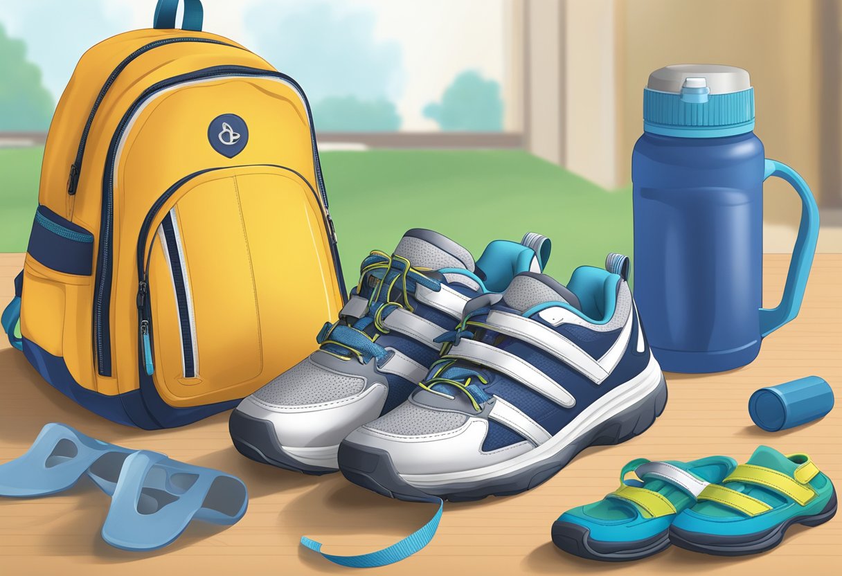 Children's orthotic shoes displayed next to sports equipment, with a child's backpack and water bottle nearby