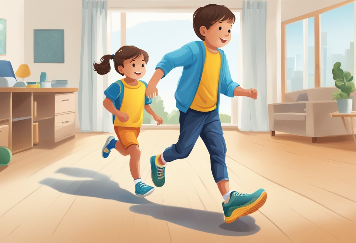 A child wearing orthotic shoes while playing and running with ease, while a parent and a podiatrist discuss the benefits of the shoes in the background