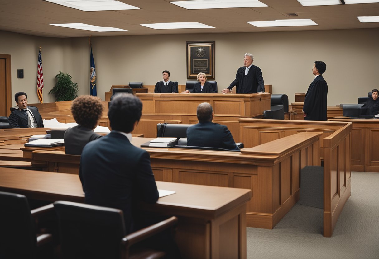 A courtroom scene with a defense attorney passionately arguing a case, while the judge and jury listen attentively. The defendant sits anxiously, emphasizing the importance of legal representation in criminal cases