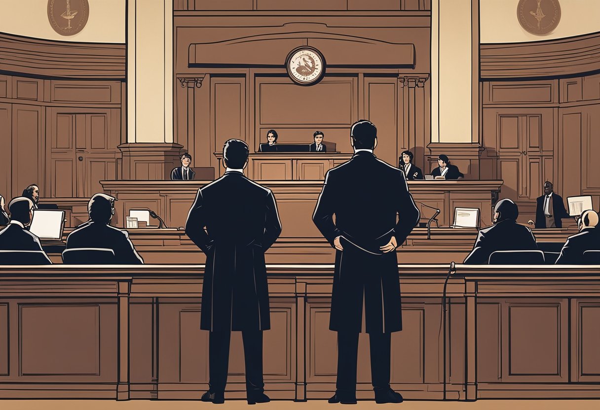 A courtroom with a defense attorney standing before a judge and jury, presenting evidence and arguments in a criminal case